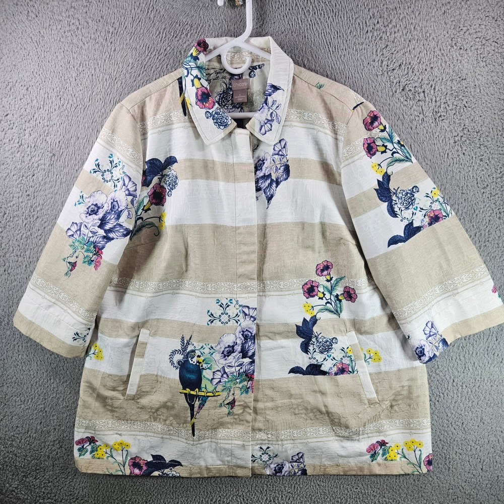 Chico's Beige Floral Parrot Print 3/4 Sleeve Blazer Jacket Size 4‎ 20-22